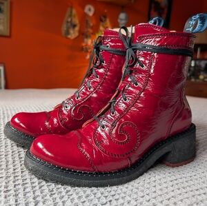 John Fluevog Red Crinkle Patent Slacker Tardy Crepe Soled Derby Boots Angel